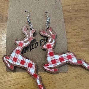 Festive Red Checkered Reindeer Earrings